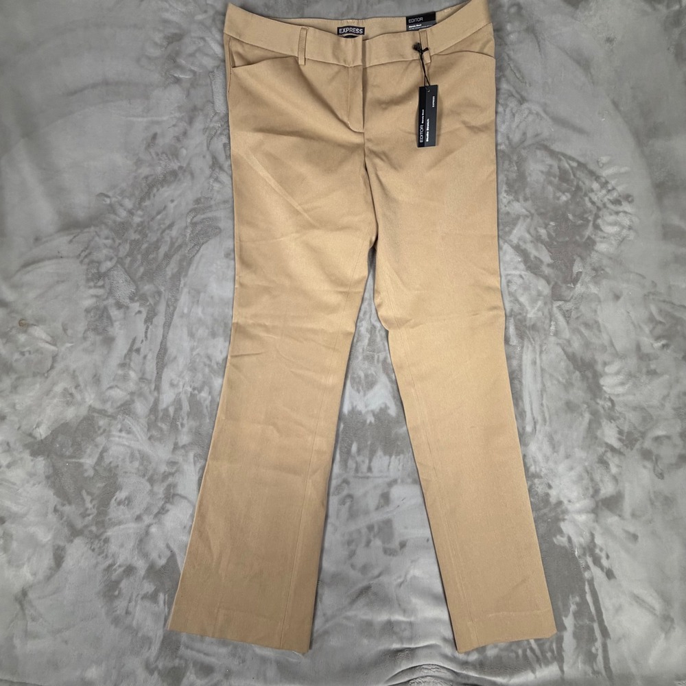 Express Editor Barely Boot Pants Tan Khaki Studio Stretch Low Rise 12R NWT